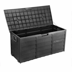 Bc-elec - PLAS-BOX Boîte De Rangement De Jardin Noir Imitation Bois 112x49x54cm, Caisse De Rangement, Coffre De Jardin - Noir