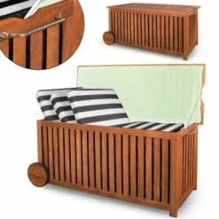 DEUBA Coffre De Rangement Avec Roues Et Poignée Acier Inoxydable 117 X 52 X 58,5 Cm Coussins Housses Jeux - Bâche Intérieure Bois Dur D'acacia