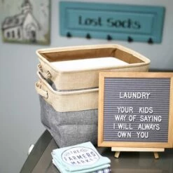 BEARSU Boîte De Rangement Pliable En Coton De Jute Avec Poignée, Panier à Linge, Meuble De Rangement Pour Armoire, Dressing, Penderie – Lot De 3, Gris Et Beige -Rangement de jardin Soldes 25471232 3