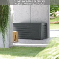VOUNOT Coffre De Rangement Exterieur 280L En PP 116x44x55CM Style Bois Anthracite -Rangement de jardin Soldes 46771208 4