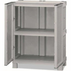 Dmora Armoire Polyvalente Extérieure Ou Interne, Armoire Basse Avec 2 Portes Et 1 étagère En Polypropylène, 100% Made In Italy, 70x39h92 Cm De Couleur Gris Clair -Rangement de jardin Soldes 51647099 3