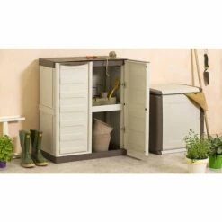 Dmora Armoire Polyvalente Extérieure Ou Interne, Armoire Basse Avec 2 Portes Et 1 étagère En Polypropylène, 100% Made In Italy, 70x39h86 Cm, Couleur Beige