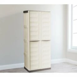 Dmora Armoire Polyvalente Extérieure Ou Intérieure, 2 Portables Mobiles Et 3 Niveaux En Polypropylène, 100% Made In Italy, 70x39h165 Cm, Couleur Beige