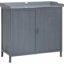 Outsunny Armoire De Rangement De Jardin Sur Pied, Table De Rempotage 2 En 1 Double Porte, étagère, Plateau Métal Galvanisé - Bois Sapin Gris - Gris