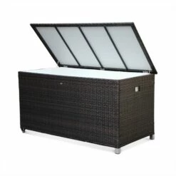 ALICE'S GARDEN Coffre De Jardin En Résine Tressée - Cassapanca Chocolat - 790L. Vérins. Roulettes. Poignée Et Housse Intérieure écrue. Rangement Coussins 162x82cm - Marron -Rangement de jardin Soldes 5604757 4
