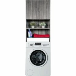 CLP Etagère Pour Lave-linge Gardiner En Bois Avec 2 étagères Et 1 Armoire à 2 Portes Gris Foncé