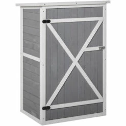 Outsunny Armoire Abri De Jardin Remise Pour Outils - Grande Porte Verrouillable Loquet - 2 étagères - Toit Bitumé Incliné Bois De Sapin Blanc Gris - Gris