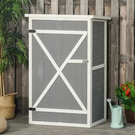 Outsunny Armoire Abri De Jardin Remise Pour Outils - Grande Porte Verrouillable Loquet - 2 étagères - Toit Bitumé Incliné Bois De Sapin Blanc Gris - Gris 4 Outsunny Armoire Abri De Jardin Remise Pour Outils - Grande Porte Verrouillable Loquet - 2 étagères - Toit Bitumé Incliné Bois De Sapin Blanc Gris - Gris – Image 2