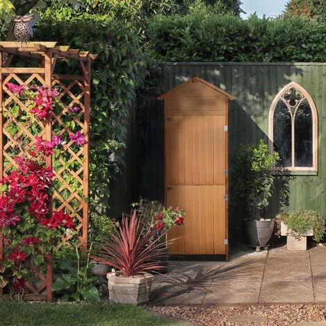 HOMCOM Armoire De Jardin Remise Pour Outils 79L X 49l X 190H Cm 2 Portes 2 étagères Toit Bitumé étanche Bois Sapin Pré-huilé - Marron 4 HOMCOM Armoire De Jardin Remise Pour Outils 79L X 49l X 190H Cm 2 Portes 2 étagères Toit Bitumé étanche Bois Sapin Pré-huilé - Marron – Image 2