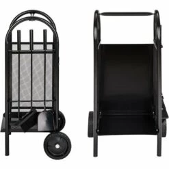 TECTAKE Chariot à Bûches, Chariot à Bois, Panier En Métal, Porte Et Range Bâche Sur Roulette Avec Pelle, Balai Et Tisonnier - Noir -Rangement de jardin Soldes 7513790 3